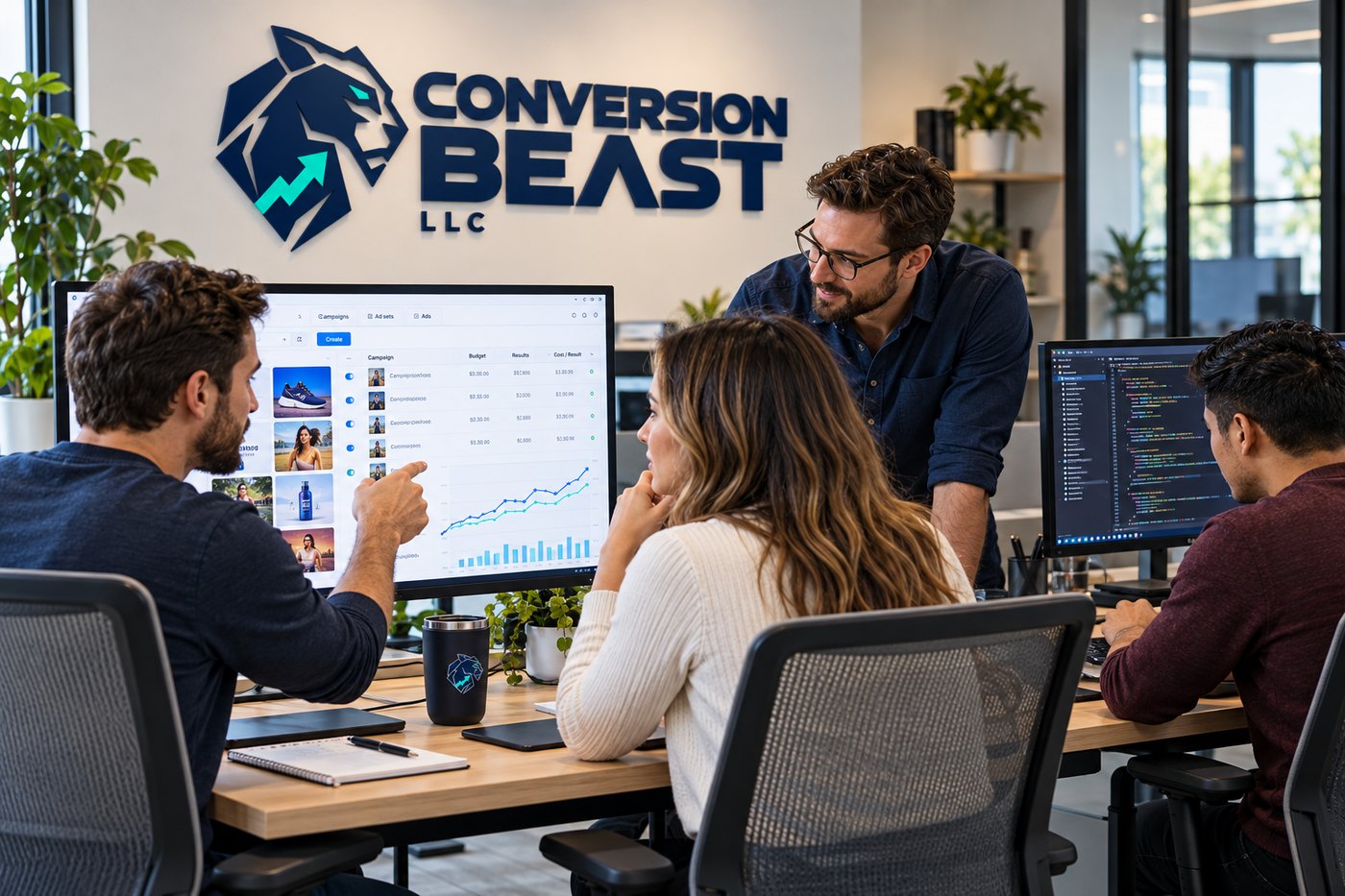 The Conversion Beast team reviewing campaign results and landing page code in the office