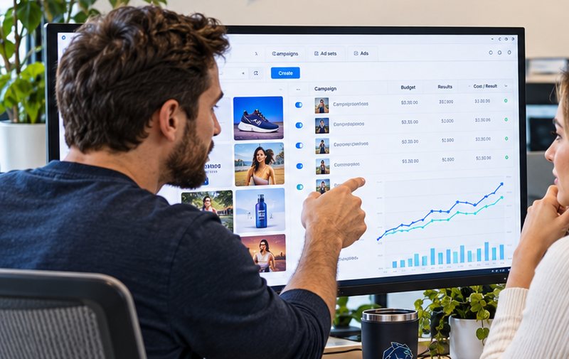 A media buyer reviewing campaigns, ad sets and creatives on a dashboard